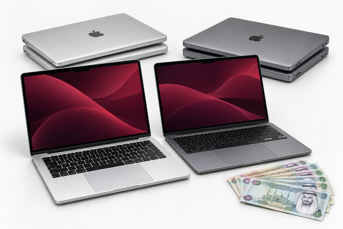 A batch of open and closed MacBook laptops beside UAE dirham banknotes, illustrating business bulk buyback with SellMyMacBook in Dubai
