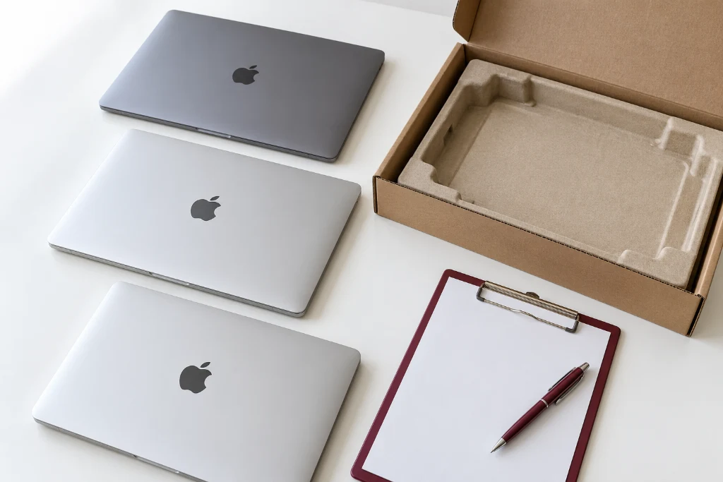 Closed MacBook laptops beside protective packaging and a blank inventory clipboard, illustrating preparation for a business bulk assessment