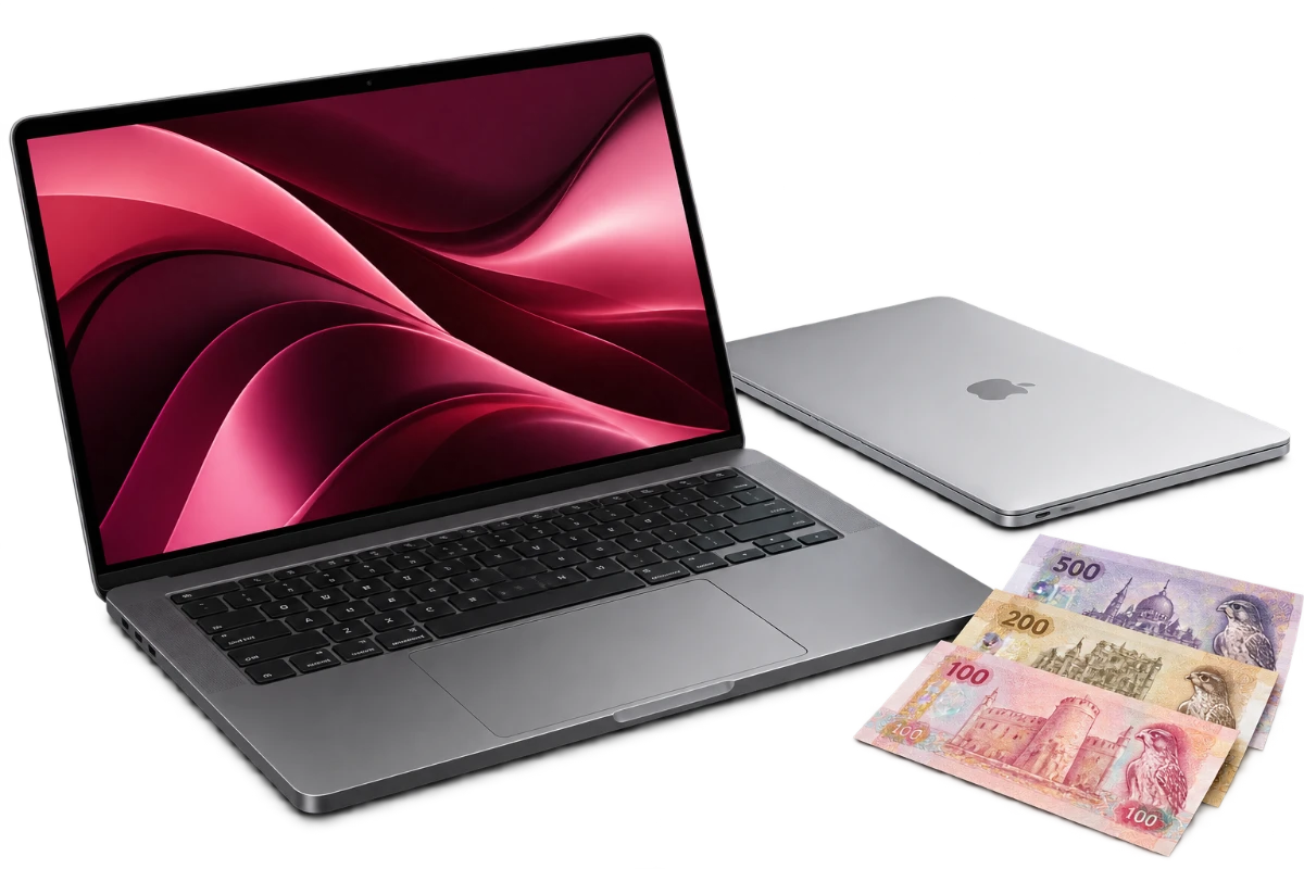 Open space-black MacBook Pro beside a silver MacBook Air and UAE dirham banknotes, illustrating laptop buyback with SellMyMacBook in Dubai.
