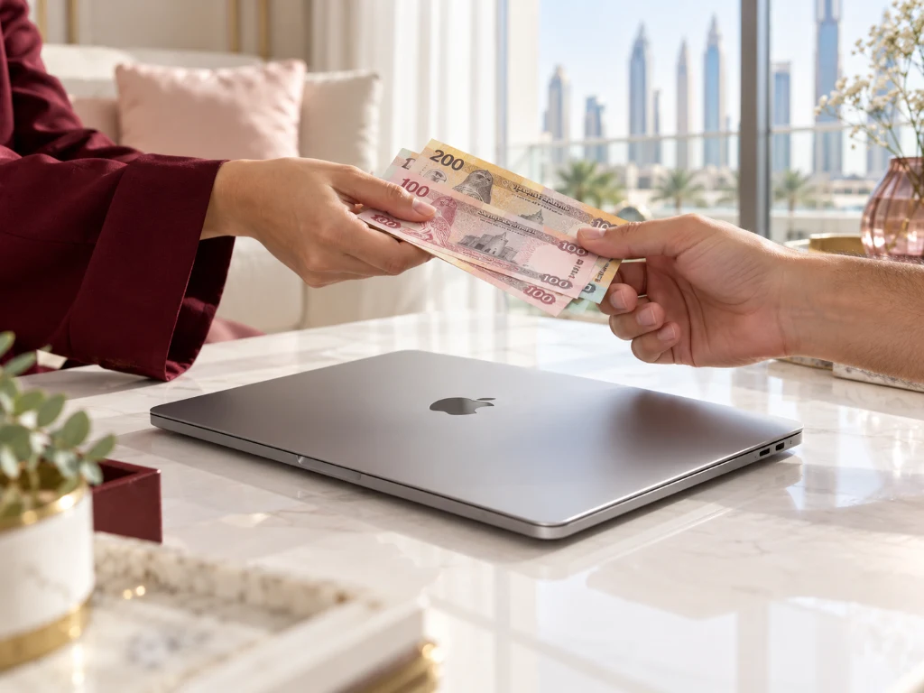 Handing over a MacBook for an instant buyback quote in Dubai